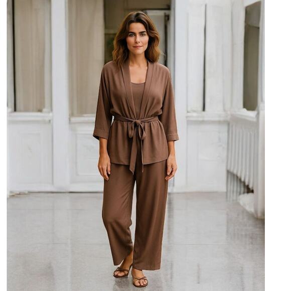 MONDI GALA Vintage Suit Set XL Satin Flowy Pants Belted Top Jacket Dressy Event - Picture 1 of 16